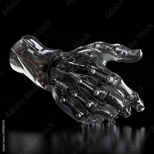 黒背景に浮かぶ透明なロボットハンドの近未来テクノロジーイメージ