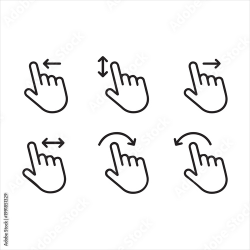 Hand finger gesture icon set, slide up down left right finger signs, swipe symbol