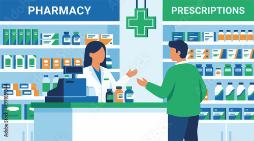 Photos Pharmacist assisting customer with prescriptions in modern pharmacy
