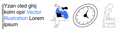 Business planning, time management, industrial growth, productivity, innovation, solutions. Woman with telescope, clock factory graphic. Business planning and time management concept