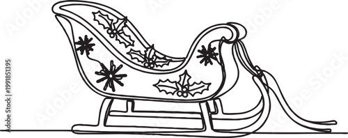 Festive christmas sleigh with holly decorations black and white line art christmas decoration coloring seasonal illustration isolated traditional celebration december ornament
