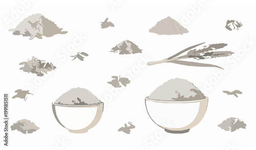 Hand drawn rice grains and bowl vector background seamless style food illustration isolated on white background