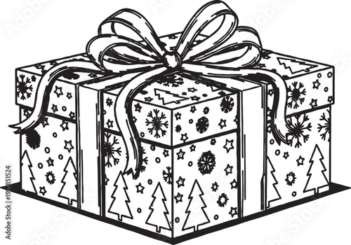 Christmas gift box line art with festive pattern christmas celebration surprise snowflakes monochrome seasonal birthday shopping illustration isolated decoration presenting