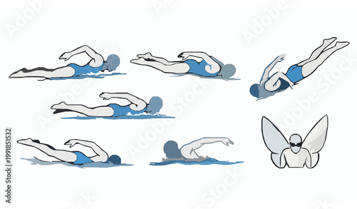Hand drawn swimming athletes vector set different swim strokes illustration isolated on white background