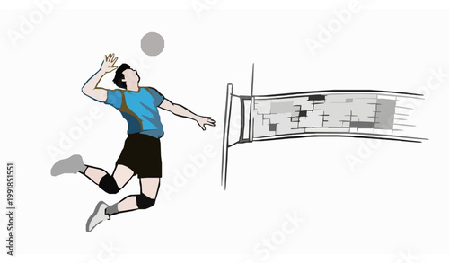 Hand drawn volleyball player poster dynamic spike action vector sport illustration isolated on white background
