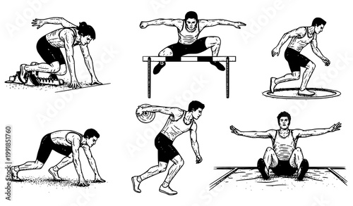 Vintage hand drawn athletics illustration set detailed engraving style track and field athletes isolated on white background