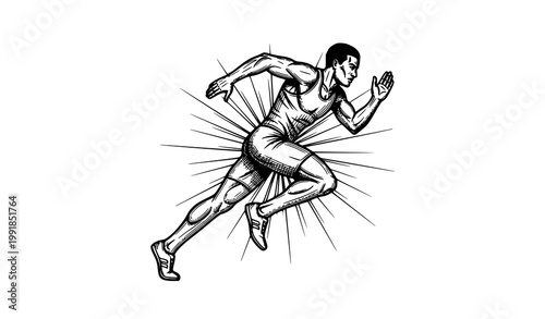 Vintage hand drawn running athlete poster engraving style sport illustration dynamic runner isolated on white background