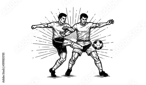 Vintage soccer poster hand drawn engraving style football players illustration dynamic sport background isolated on white