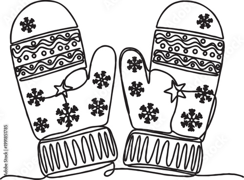 Winter mittens pair line art illustration with snowflake clothing christmas seasonal illustration monochrome accessory ornamental creative minimalist