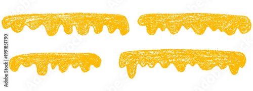 Yellow dripping wax strokes set isolated on white background. Hand drawn honey or liquid borders with rough crayon texture.
