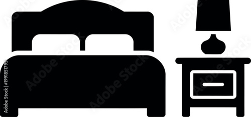 Minimalist black and white bedroom illustration featuring bed and bedside table