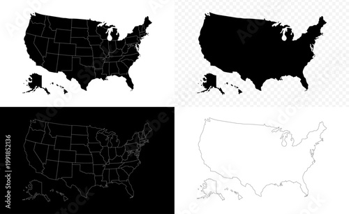 United States map vector set with state borders and silhouettes | USA map outline collection with 50 states for infographics and web design | Set of United States geographic maps