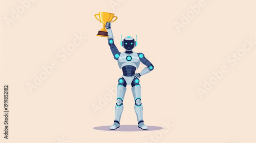 modern robot in a futuristic suit, standing confidently with a bright golden trophy held high in one hand, symbolizing achievement and victory.