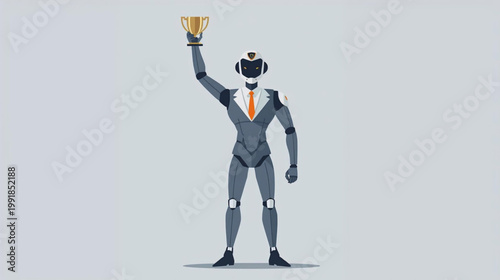 modern robot in a futuristic suit, standing confidently with a bright golden trophy held high in one hand, symbolizing achievement and victory.