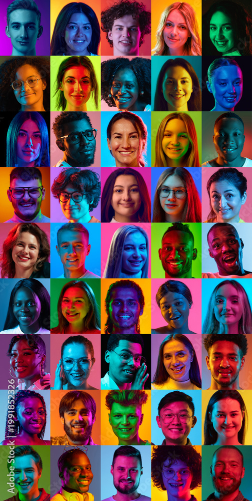 Fototapeta premium Colorful neon portrait collage of diverse people faces with expressive emotions. Concept of individuality, digital identity, diversity casting, creative avatars and modern visual communication trends.