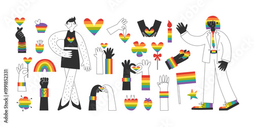 Lgbt elements set. Diverse queer characters, hands and symbols in rainbow flag colors. Hearts, hand gestures, clipart for pride and awareness materials.