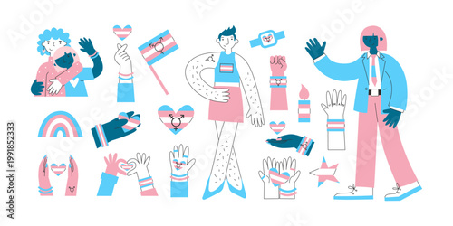 Transgender elements set. Diverse trans characters, hands and symbols in pink blue flag colors. Hearts, hand gestures, rainbow, flags clipart for pride and awareness materials.