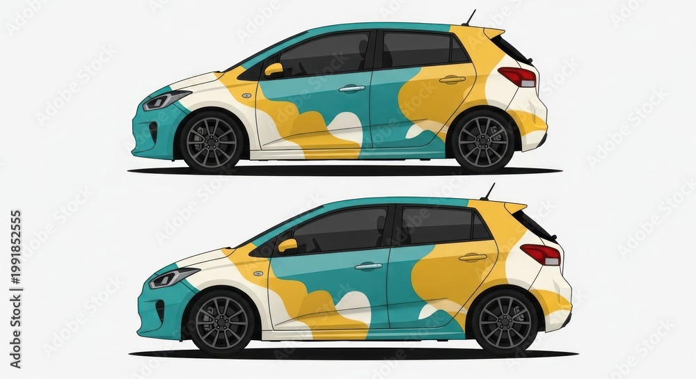 Naklejka premium Hatchback car with colorful abstract wrap design mockup