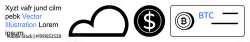 Cloud computing, cryptocurrency, digital banking, finance, virtual assets, online transactions. Minimal icons include a cloud, dollar sign Bitcoin symbol and BTC text. Cloud computing