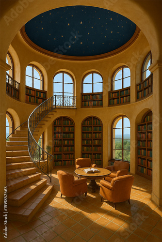 Grand circular library interior with sweeping staircase tall arched windows sunlit reading area and starry domed ceiling creating an elegant architectural retreat for learning and imagination