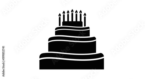 Black Silhouette of a Multi-Tiered Birthday Cake with Candles.