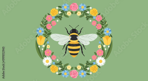 Celebrate World Bee Day with a beautiful illustration of a bee surrounded by a floral wreath, highlighting the importance of these pollinators