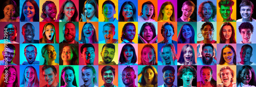 Photos Bright emotional faces collage with bright reactions and colorful backgrounds