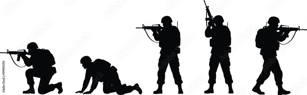 Naklejka premium Military soldiers in tactical positions silhouette set illustrating defense strategy combat readiness teamwork strength and disciplined movement in action scene