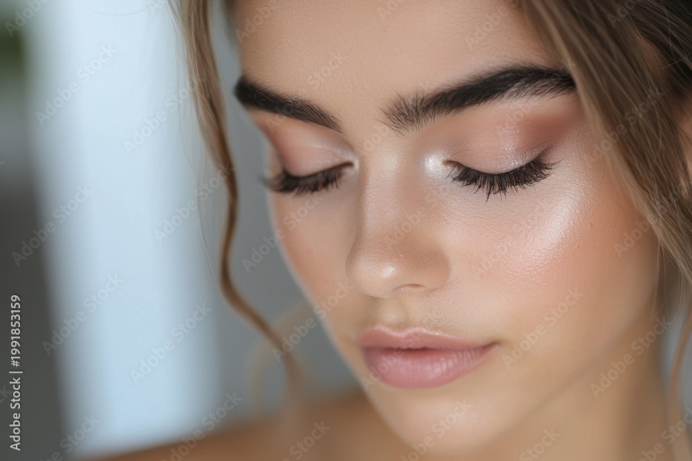 Naklejka premium Bridal makeup tutorial soft pink hue glowing face close up portrait young woman with closed eye natural eyebrow and smooth skin