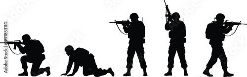 Military soldiers in tactical positions silhouette set illustrating defense strategy combat readiness teamwork strength and disciplined movement in action scene