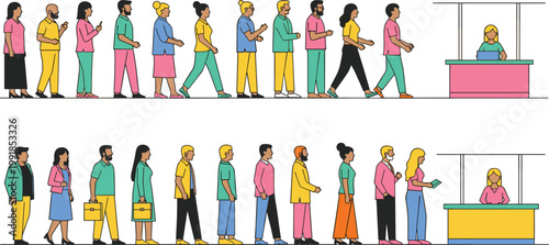 Diverse Crowd of People Standing in Line at a Service Counter for Ticket Purchases, Customer Support, Event Registration, and Modern Urban Life Vector Illustrations