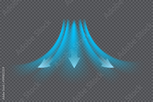 Fresh air flow with blue swoosh effect and cool wind movement on transparent background. Modern airflow design with light wave texture for clean conditioner concept. Realistic vector illustration.