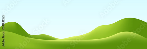 Rolling hills covered in vibrant lawn create cheerful cartoon scene with mountains, sky clouds in bright 3D spring meadow illustration style.