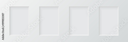 3d wall niche. Empty white rectangle shelf. Rectangular vertical inside frame. Display stand, showcase mockup. Showroom, gallery, studio or shop product presentation. Vector illustrations set.