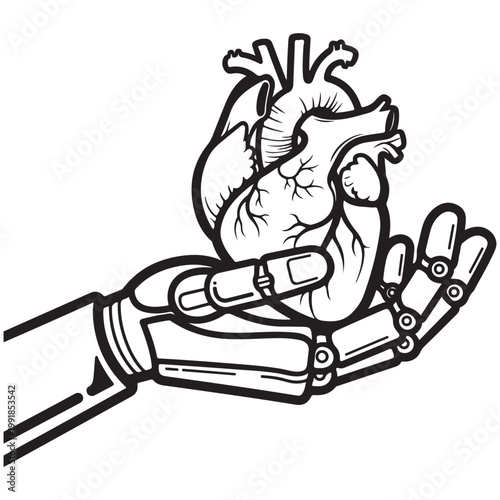 Robotic hand holding a human heart vector illustration for medical technology and artificial intelligence concepts