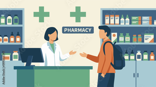 Pharmacist Assisting Customer in Modern Pharmacy with Medical Supplies