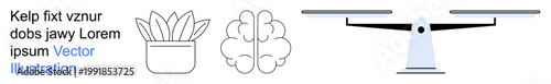 Mental health, balance, nature, mindfulness, decision-making, thought process. Minimal plant, brain and scale elements displayed. Balance and mental health by brain and scale