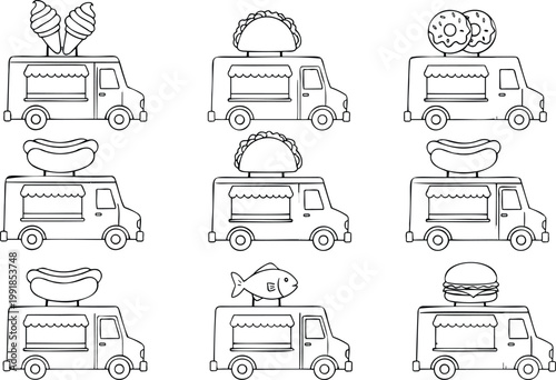 Set of food truck icons with various street food signs including ice cream, tacos, donuts, hot dogs, fish, and burgers.