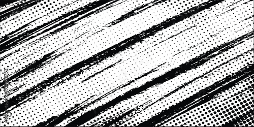 Abstract monochrome halftone dot texture with diagonal grunge brush strokes. Perfect for creative web design, edgy advertisements, and modern branding.