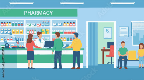 Modern Pharmacy Interior with Pharmacist, Customers, and Automated Dispensing