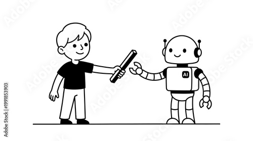 A child interacts with an AI-powered robot, exchanging an object, representing the evolving connection between humanity and advanced artificial intelligence technology