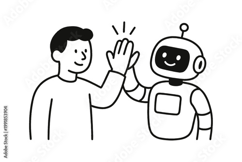 Celebrating Synergy Human and Artificial Intelligence Collaborate with a High-Five, Symbolizing Successful Integration, Future Innovation, and Technological Progress Together