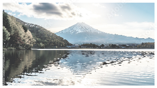 Snow-capped volcanic mountain peak over calm lake water, serene nature landscape with forest hills, peaceful outdoor scenery in soft daylight