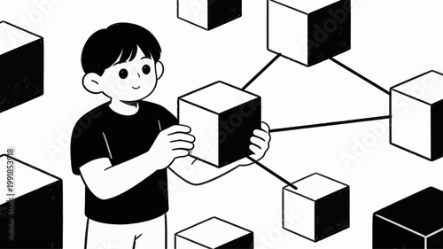 Person thoughtfully linking abstract data blocks, constructing a conceptual network vital for secure digital systems and advanced technology architecture