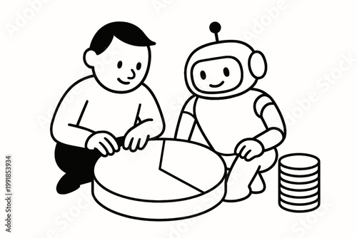 Illustration of a person and robot collaborating over a pie chart and data stack, representing teamwork and data analysis in technology