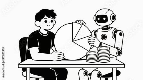 Illustrative representation of human-robot collaboration in data analysis and financial planning, showcasing shared insights and growth