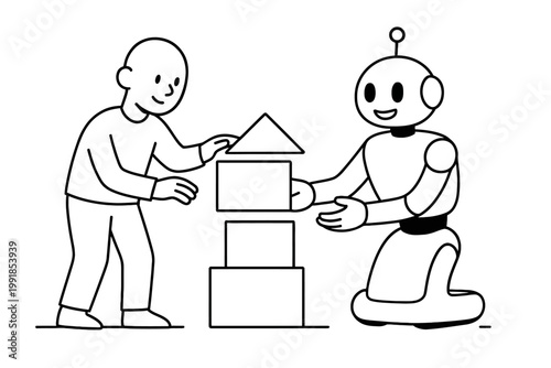 Human and robot collaborating to build a structure with blocks, illustrating teamwork and technological integration in construction and design projects
