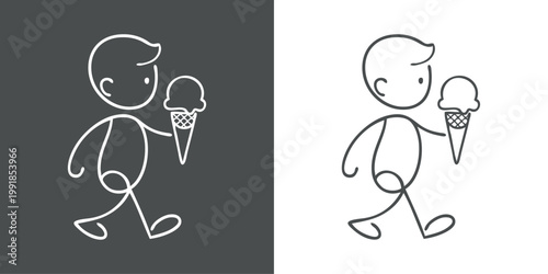 Logotipo con dibujo minimalista con línea única de un niño andando comiendo un cucurucho de helado