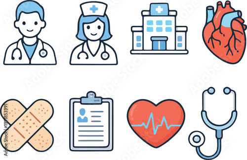 Healthcare medical outline icons set doctor hospital heart flat vector