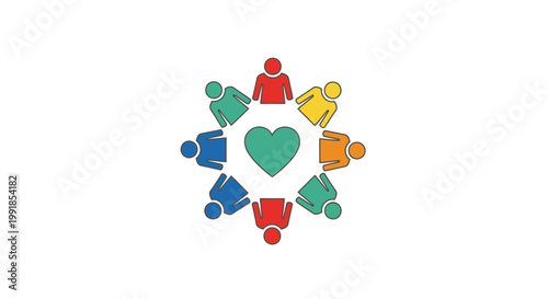Diverse people around heart symbol.